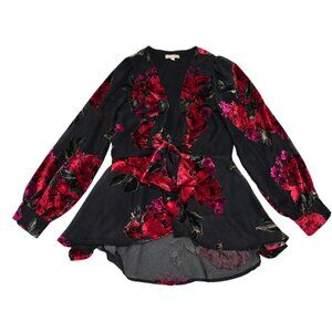 Gianni Bini Women's Black Floral Tie Front Blouse Burnout Long Sleeve Lined Sz L